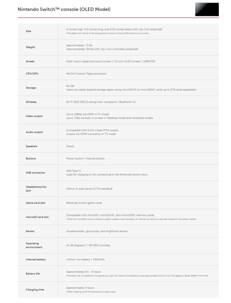 Nintendo Switch OLED Technical Specs